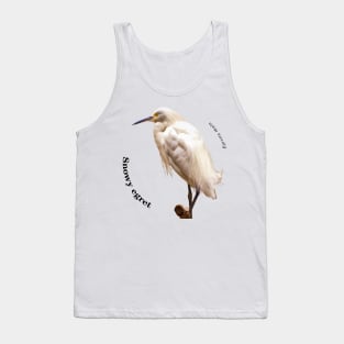 Snowy egret tropical bird pin black text Tank Top